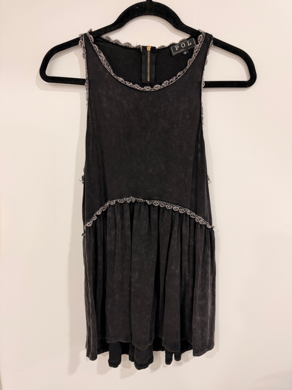 POL Acid Wash Boho Racerback Top with Crocheted Edge Trim